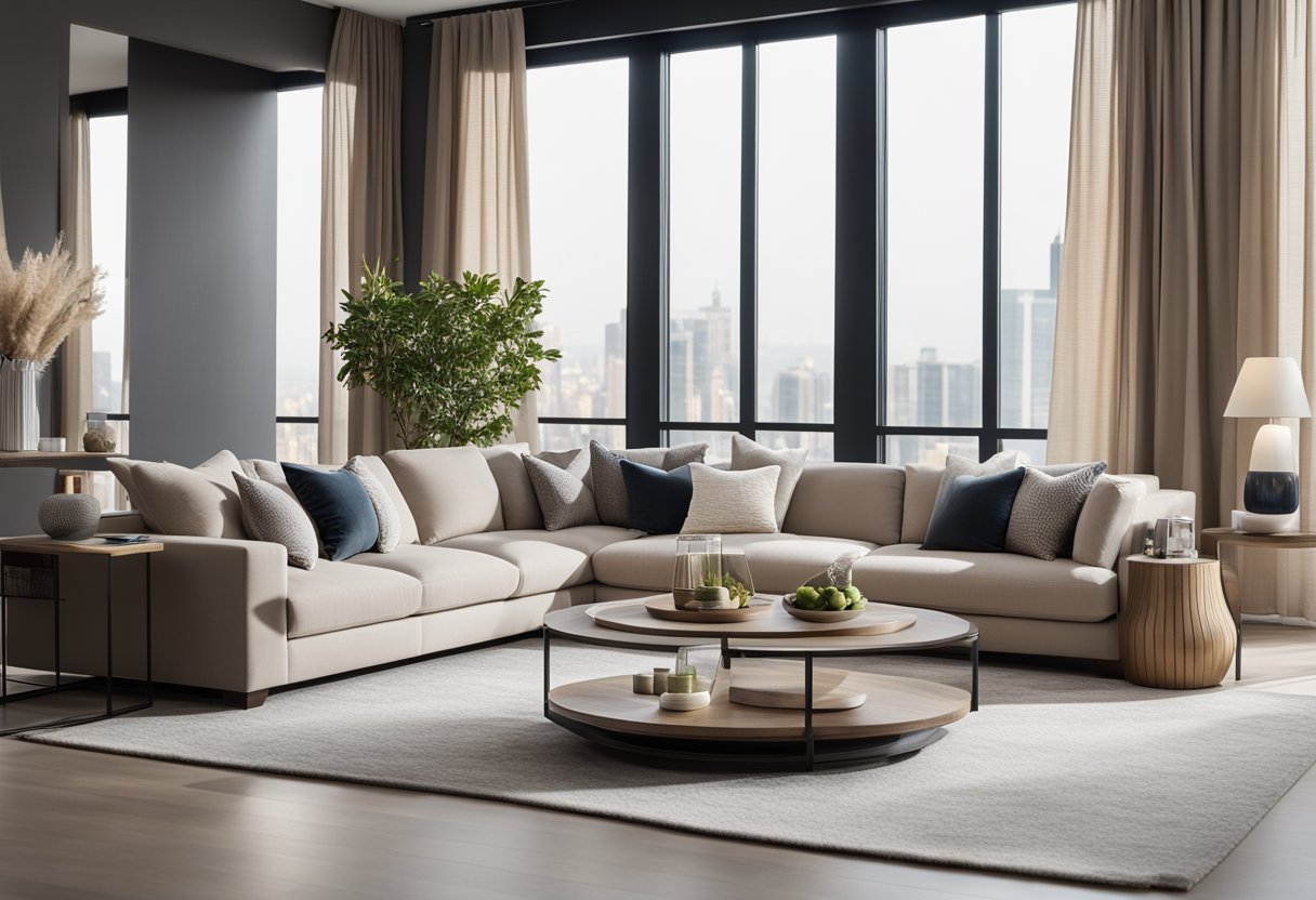 A modern living room with a neutral color palette, plush sectional sofa, sleek coffee table, and large windows with sheer curtains