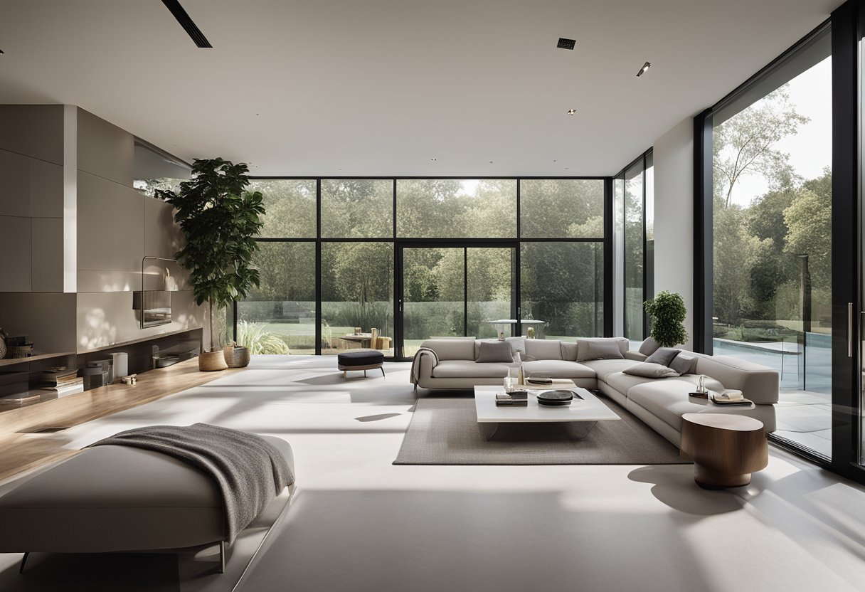 The contemporary house interior features clean lines, neutral colors, and minimalist furniture. Large windows allow natural light to fill the space, highlighting the sleek, modern design
