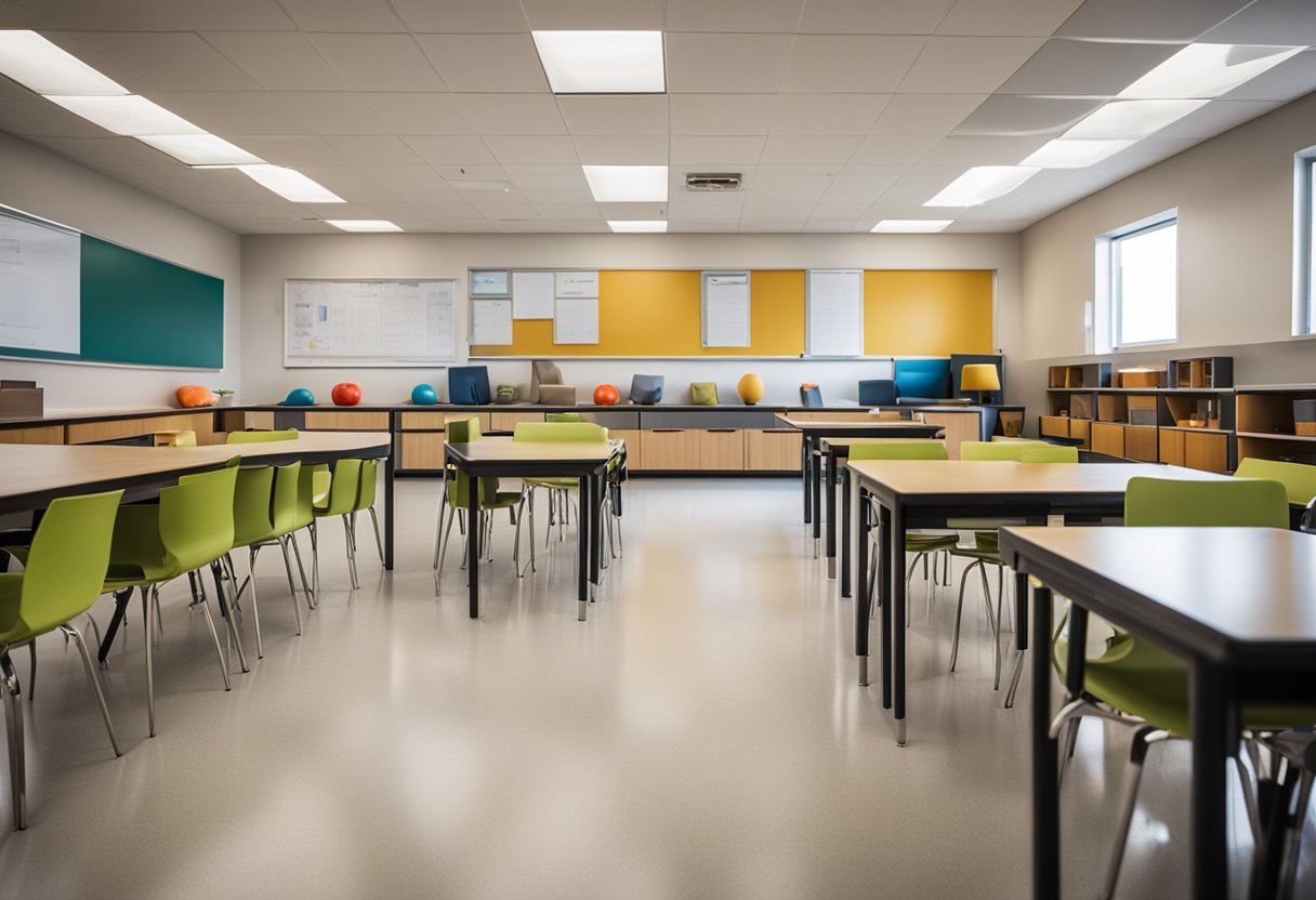 A classroom setting with diverse educational materials, furniture, and design elements reflecting the criteria for admission into interior design programs