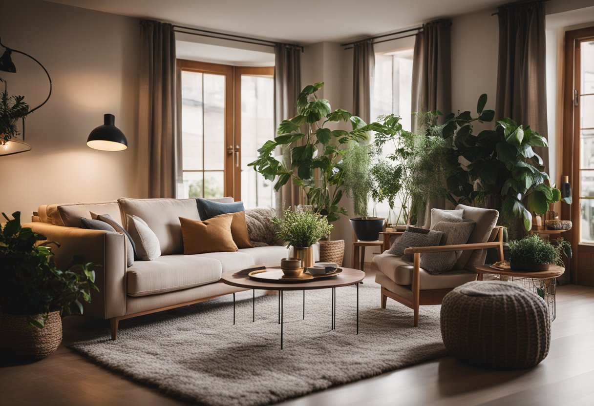 A cozy living room with a fireplace, comfortable furniture, and warm lighting. A bookshelf filled with books and decorative objects, a rug on the floor, and plants adding a touch of greenery