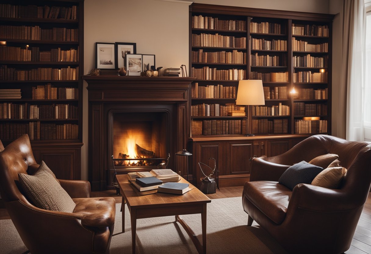 A cozy study with a large wooden desk, bookshelves filled with design books, and a comfortable armchair by a warm fireplace