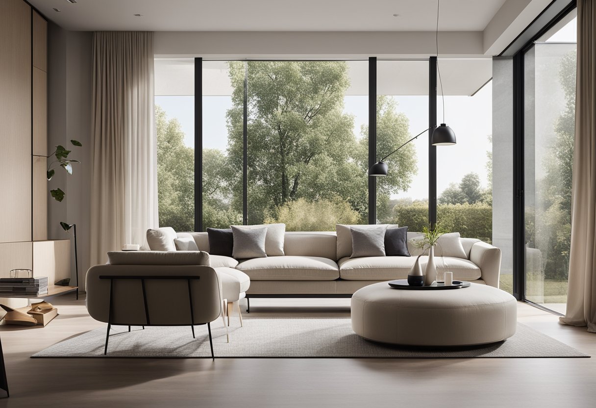 A modern living room with clean lines, neutral colors, and minimalistic furniture. Large windows let in natural light, highlighting the sleek and elegant design