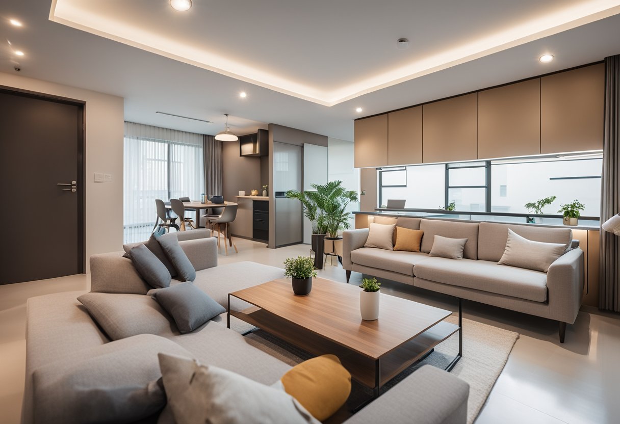The 2-room HDB flat has a minimalist design with light-colored walls, a compact kitchen, a small dining area, and a cozy living space with a sleek sofa and a coffee table