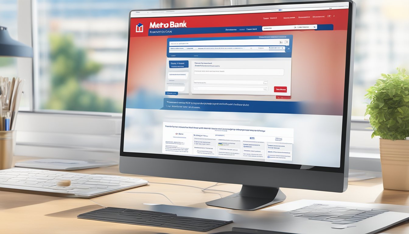 A computer screen displaying Metro Bank's website with a personal loan application form open, a mouse cursor clicking on the "apply online" button