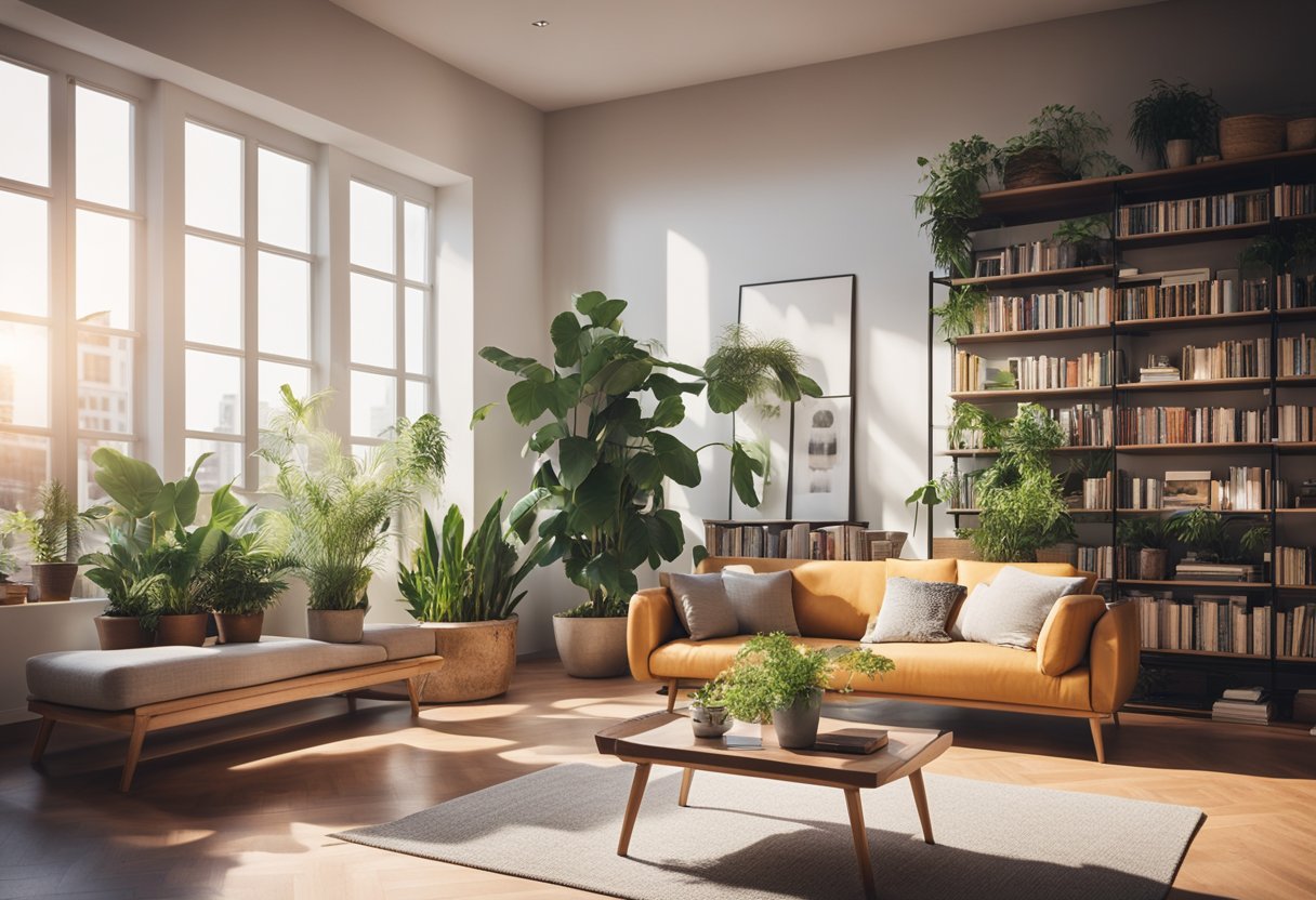 A cozy living room with a modern sofa, coffee table, and potted plants. A bookshelf filled with design books. Bright sunlight streaming in through large windows