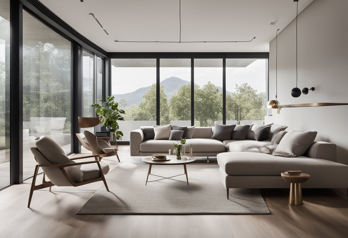 A spacious, open-plan living area with clean lines, minimalist furniture, and a neutral color palette. Large windows allow natural light to fill the room, highlighting the sleek, modern design