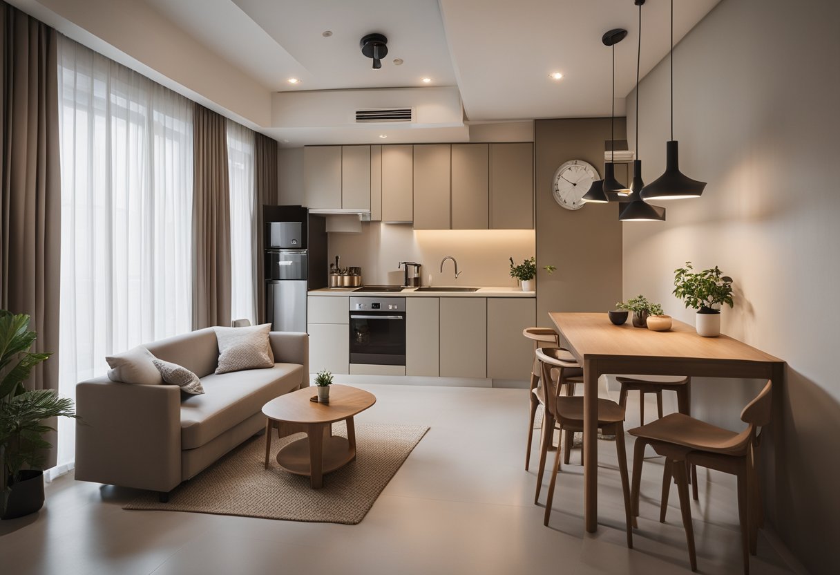 A cozy HDB 2-room flat with minimalist furniture, soft lighting, and a neutral color palette. A small dining area and a comfortable living space create a welcoming atmosphere