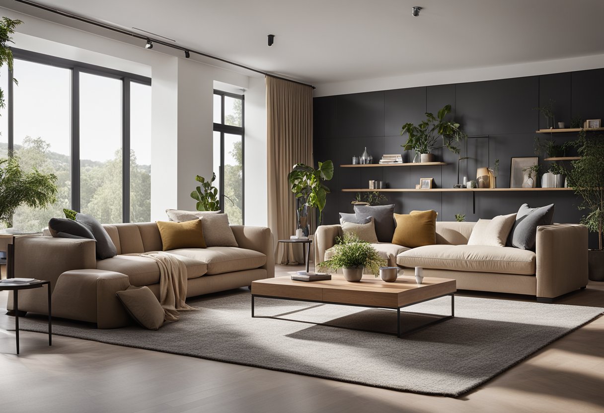 A spacious living room with a large, plush sofa and a small coffee table, creating a sense of proportion in interior design. High ceilings and tall windows allow natural light to fill the room, enhancing the overall balance and harmony