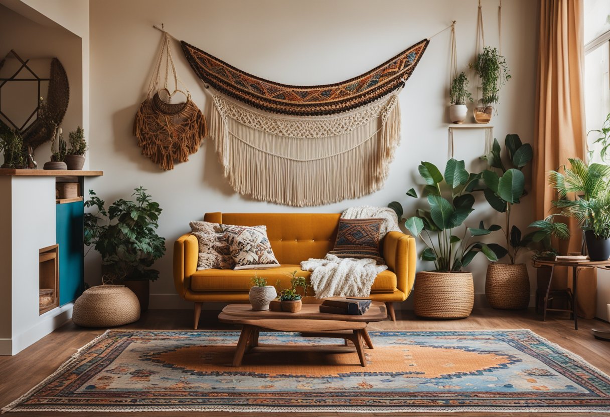 A cozy, bohemian-inspired living room with vibrant colors, mismatched furniture, and eclectic decor. A large macrame wall hanging and a vintage rug add character to the space