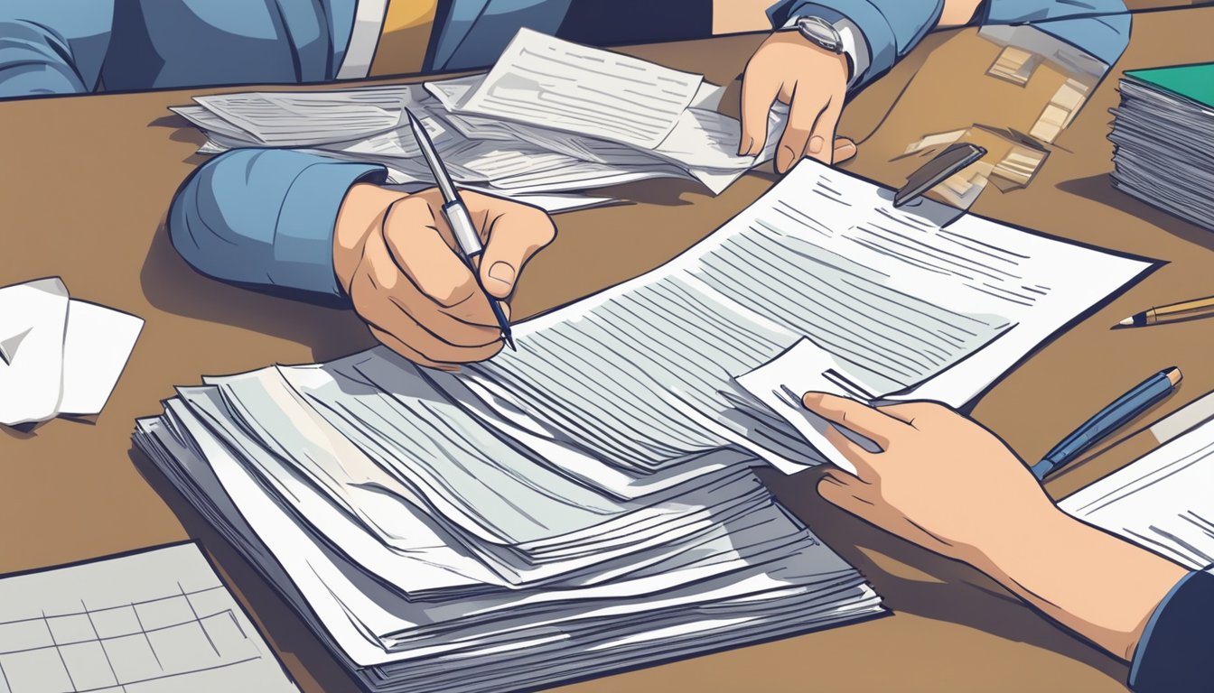 A person signing a document with a serious expression as a stack of unpaid bills sits on the desk