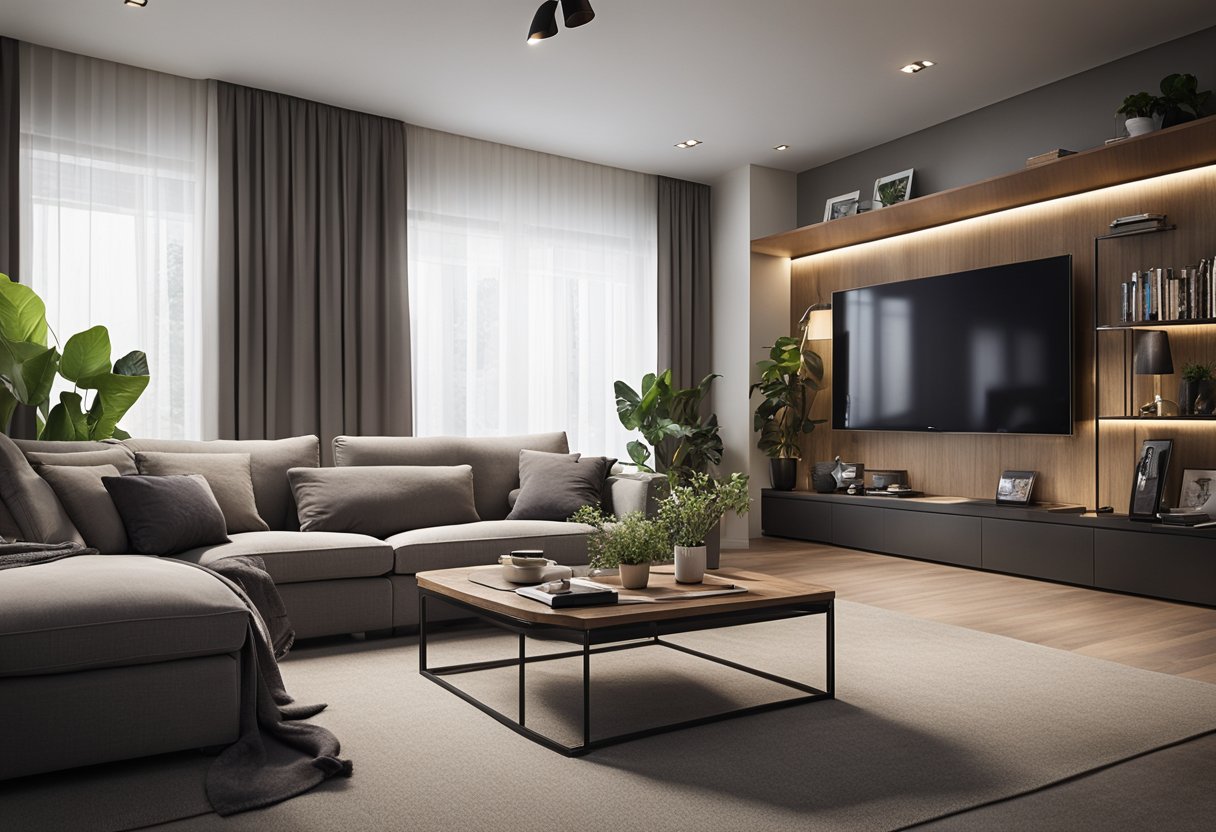 A spacious living room with a large, plush sofa and a small, delicate coffee table. A tall, narrow bookshelf stands against the wall, while a low, wide entertainment center sits opposite