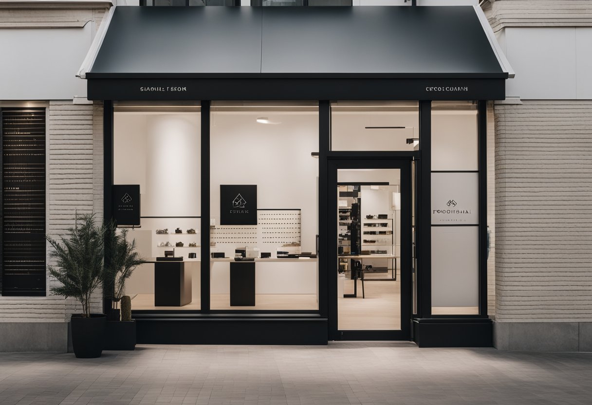 A modern, minimalist storefront with a sleek logo and bold typography. Clean lines, neutral colors, and a hint of industrial flair