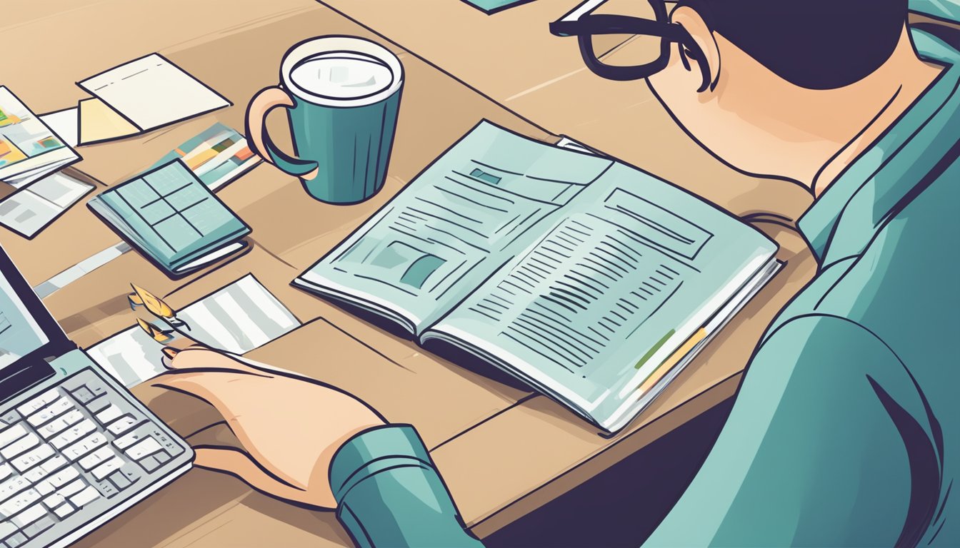 A person reading a brochure titled "Frequently Asked Questions: How do personal loans work?" with a laptop and calculator on the table
