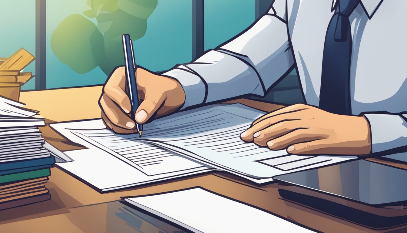 A business owner signing a personal guarantee document for a loan, with a stack of papers and a pen on a desk