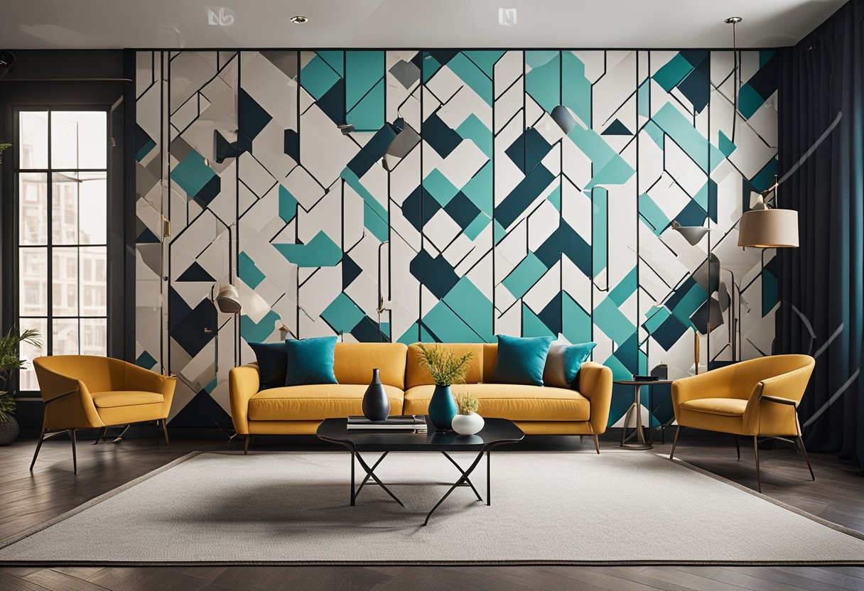 A modern living room with geometric patterns, bold colors, and sleek furniture. A statement wall features a unique interior design name in stylish typography