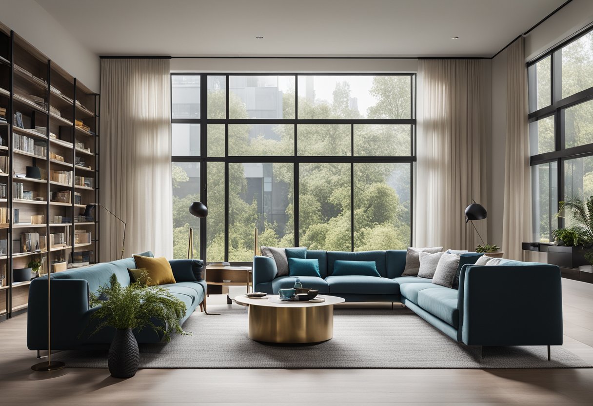A modern living room with sleek furniture, clean lines, and pops of color. A large window lets in natural light, and a minimalist bookshelf displays art and decor