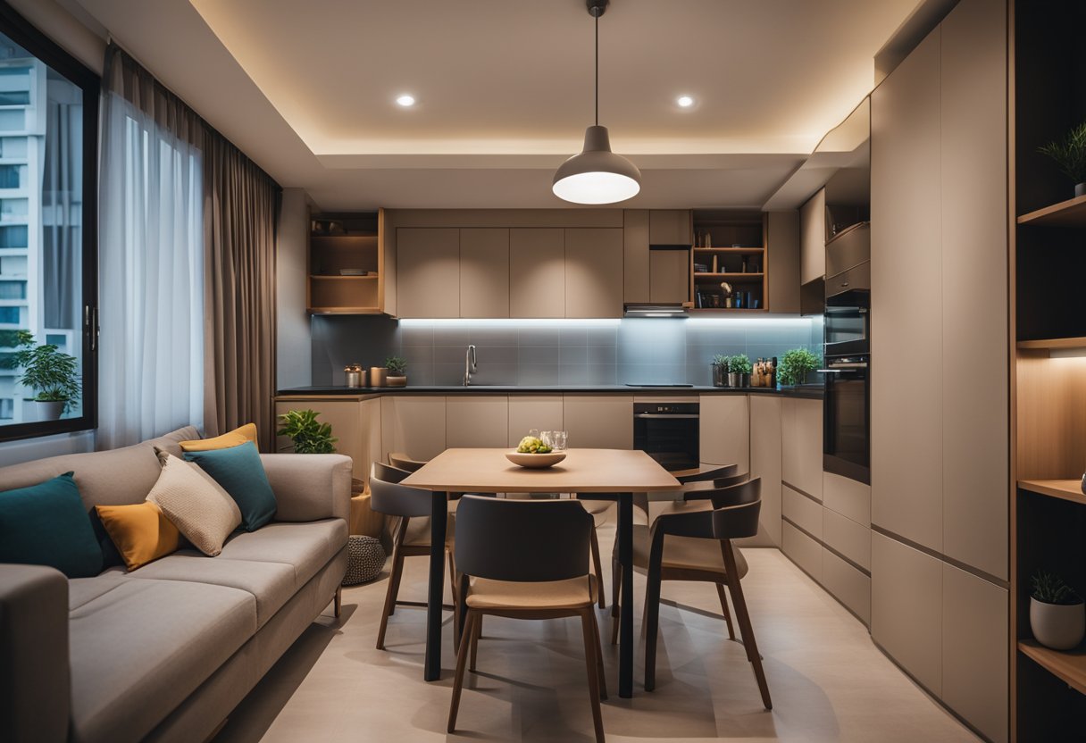 A cozy 2-room HDB flat with minimalist furnishings, warm lighting, and pops of color. A small dining area and a compact living space create a harmonious and inviting atmosphere