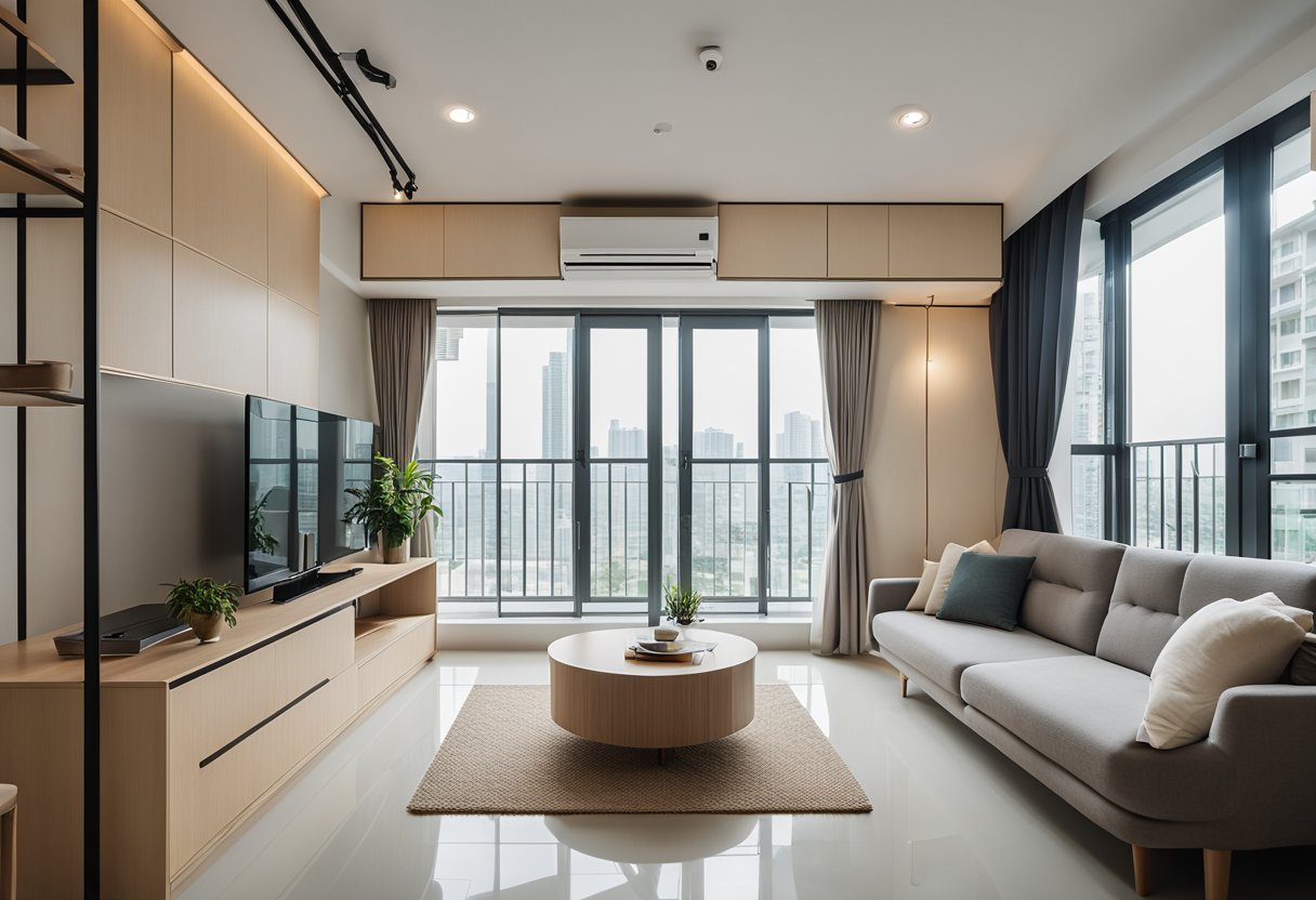 A cozy 2-room HDB flat with minimalist furniture, neutral colors, and clever storage solutions. Clean lines and natural light create a spacious feel