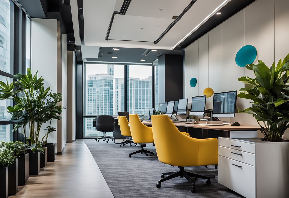 A modern office space with sleek furniture and vibrant decor, showcasing the collaboration between Strategic Partnerships and Ling Interior Design Pte Ltd