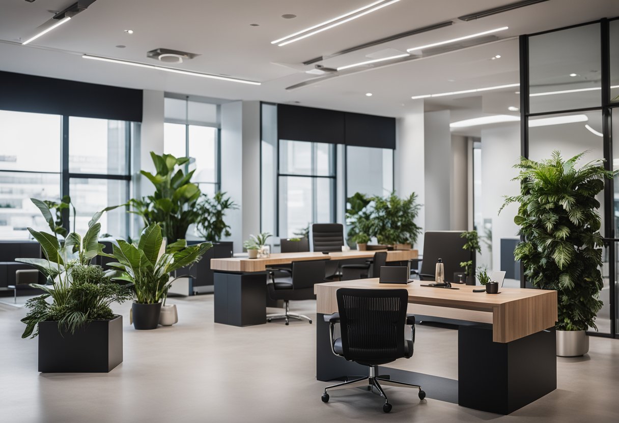 A modern office with sleek furniture, plants, and minimalist decor. A reception area with a stylish desk and branded signage