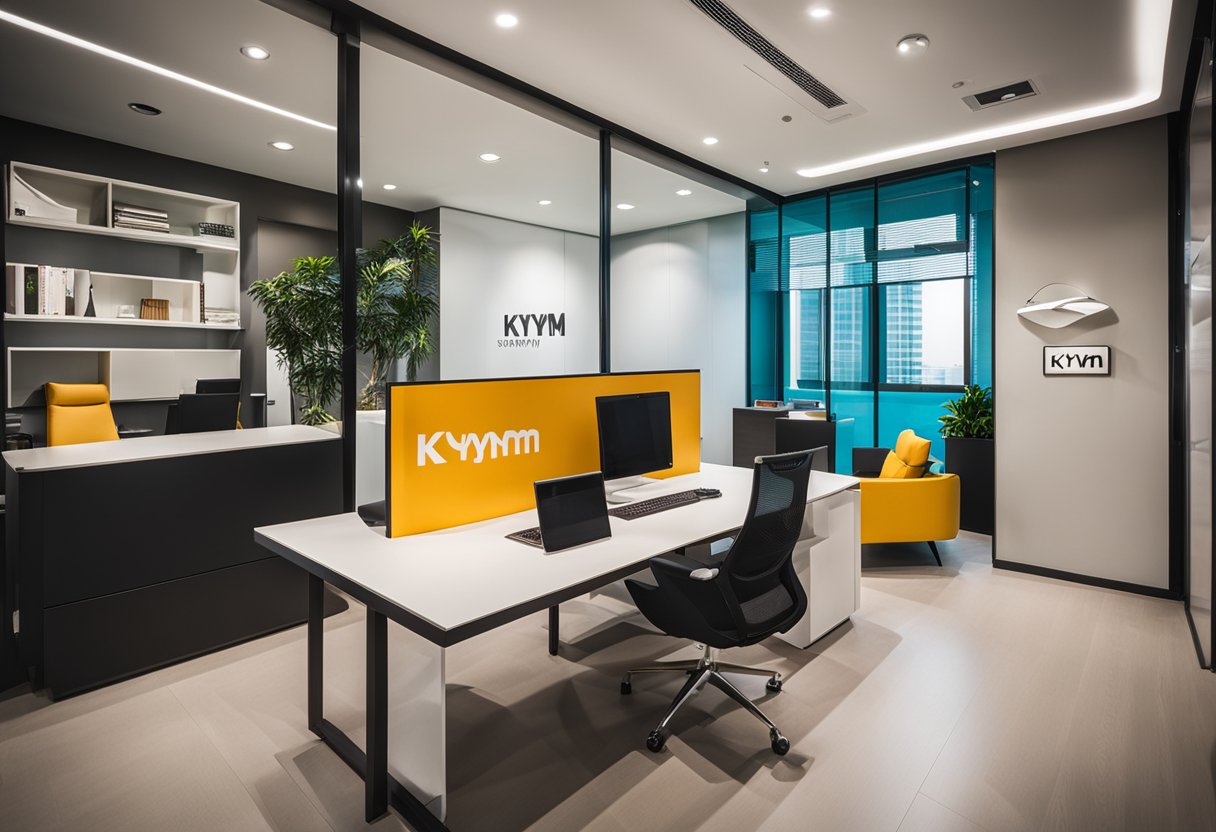 A modern office with sleek furniture and vibrant decor, showcasing the logo "kwym interior designs pte ltd" prominently on the wall