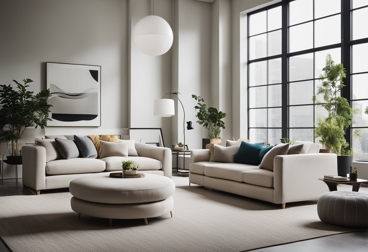 A modern, minimalist living room with clean lines, neutral colors, and natural light streaming in through large windows. Furniture is sleek and functional, with pops of color in the decor