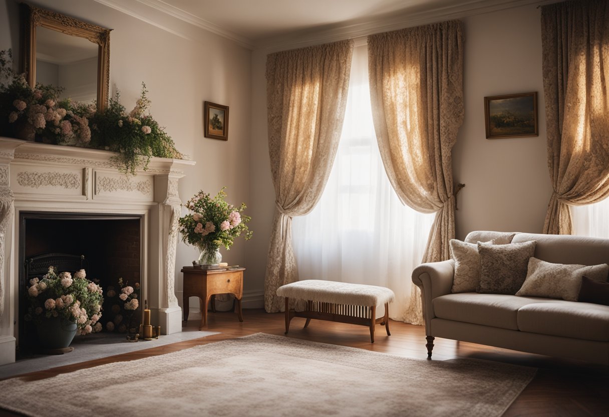 A cozy living room with floral curtains, antique furniture, and a crackling fireplace. Sunlight streams through lace curtains onto a floral rug