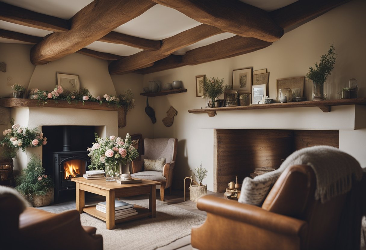 A cozy English country cottage with floral wallpaper, wooden beams, a crackling fireplace, and vintage furniture