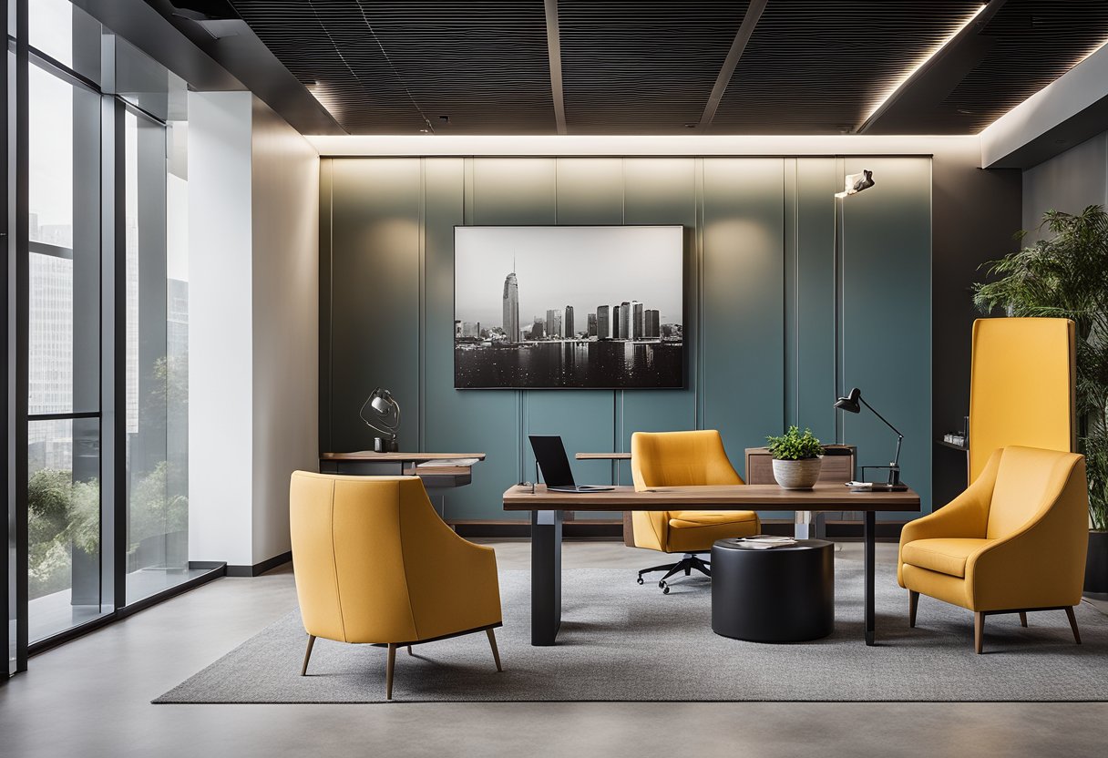 A modern office space with sleek furniture, vibrant color accents, and natural lighting. A wall adorned with framed client testimonials and project photos