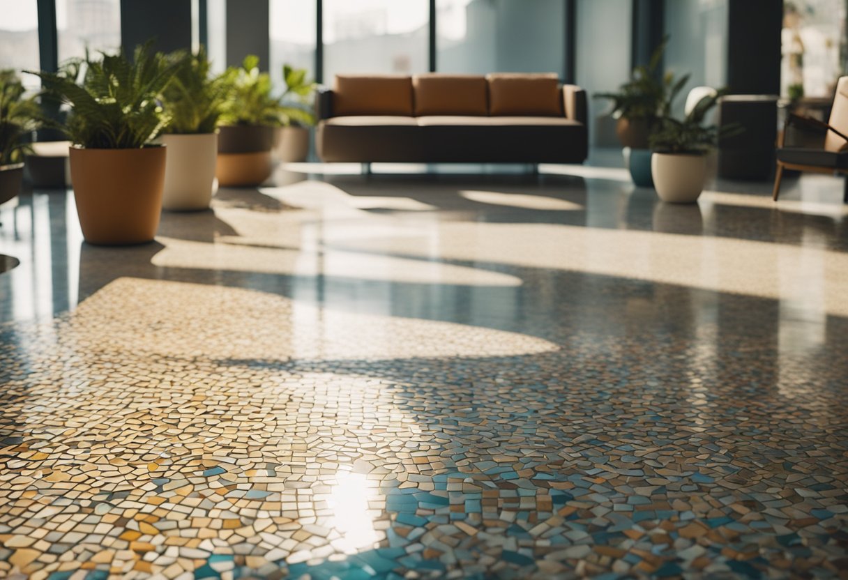 A terrazzo floor with colorful chips and geometric patterns, surrounded by sleek modern furniture and potted plants. Sunlight streams in through large windows, casting shadows on the polished surface