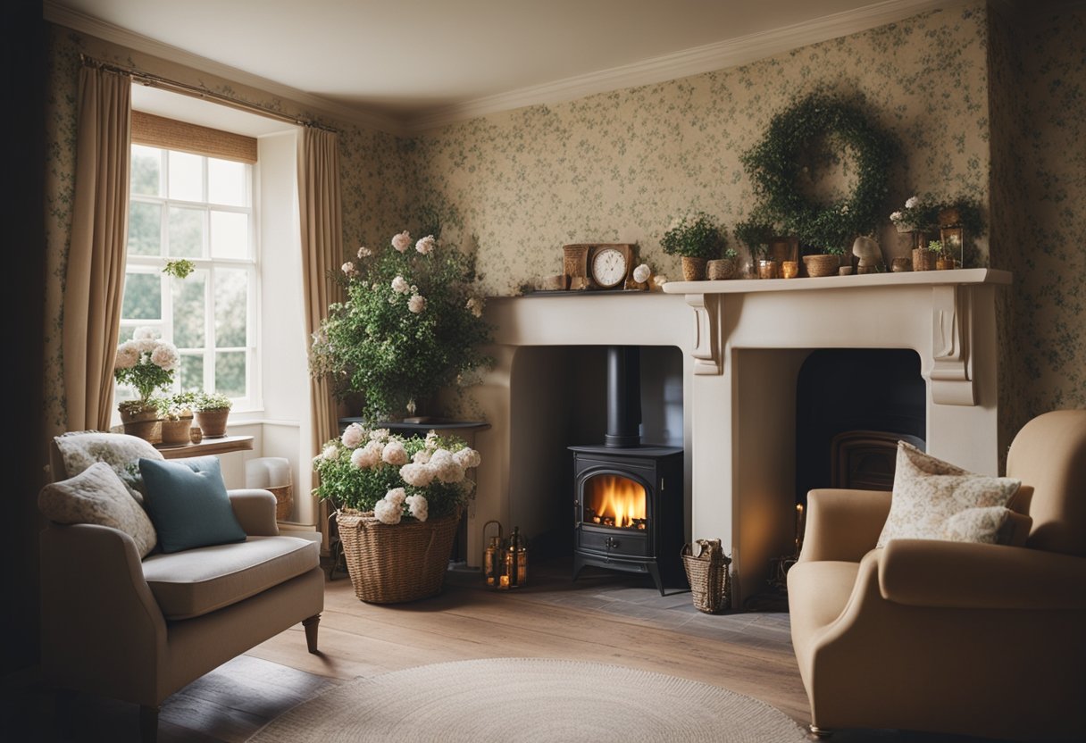 A cozy English country cottage interior with floral wallpaper, vintage furniture, a crackling fireplace, and soft, natural lighting
