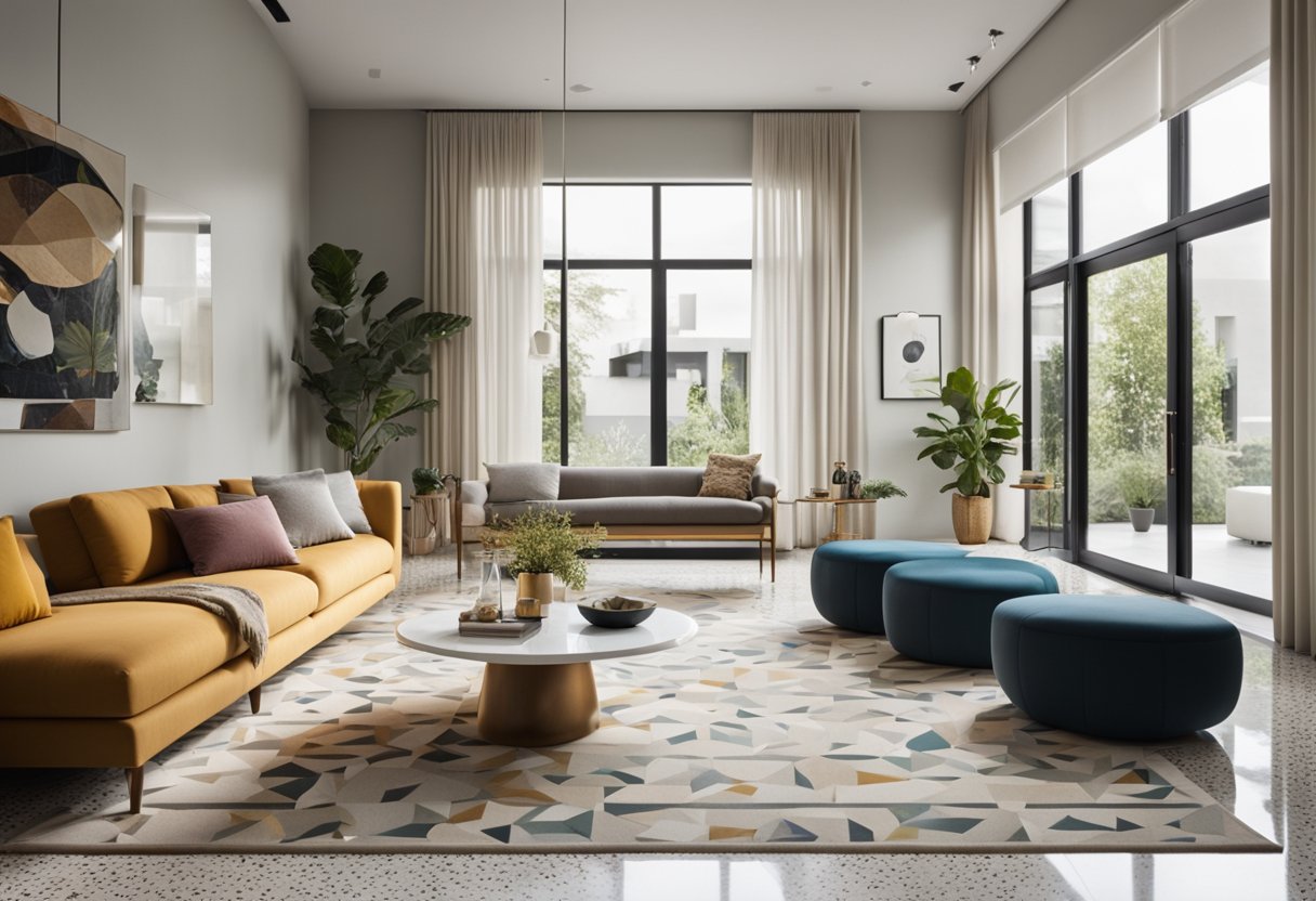 A modern living room with terrazzo flooring, sleek furniture, and pops of color in the decor. Natural light floods the space, highlighting the unique texture of the terrazzo