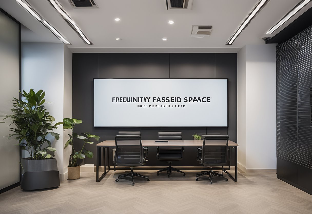 A modern office space with sleek furniture, clean lines, and pops of color. A large sign with "Frequently Asked Questions kwym interior designs pte ltd" hangs on the wall