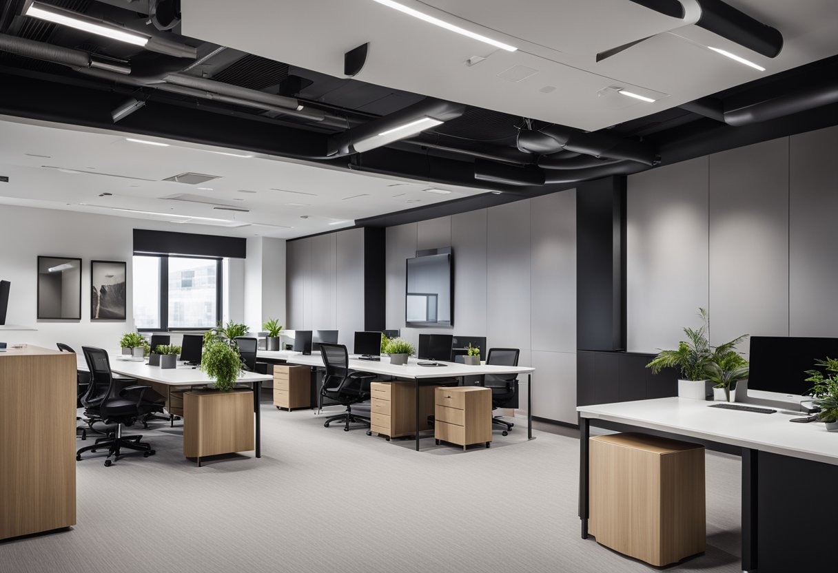 A sleek, modern office space with clean lines, organized workstations, and a central meeting area. Neutral tones and pops of color create a professional yet inviting atmosphere