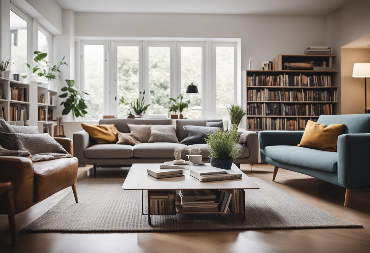 A cozy living room with a stylish bookshelf, a comfortable sofa, and a modern coffee table. A laptop and a stack of design magazines are placed on the table
