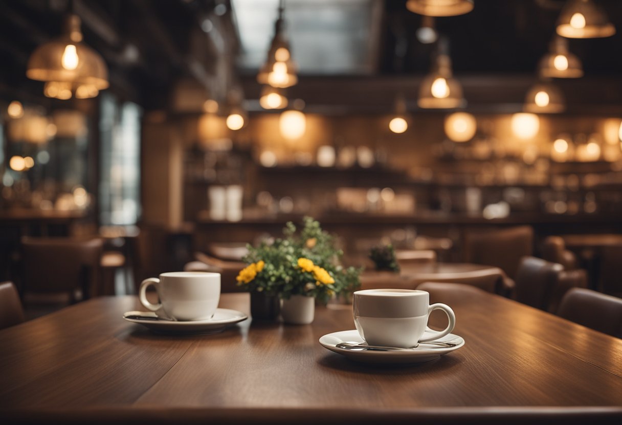The cafe and restaurant interior features cozy seating, warm lighting, and rustic decor. Tables are adorned with fresh flowers and the aroma of freshly brewed coffee fills the air