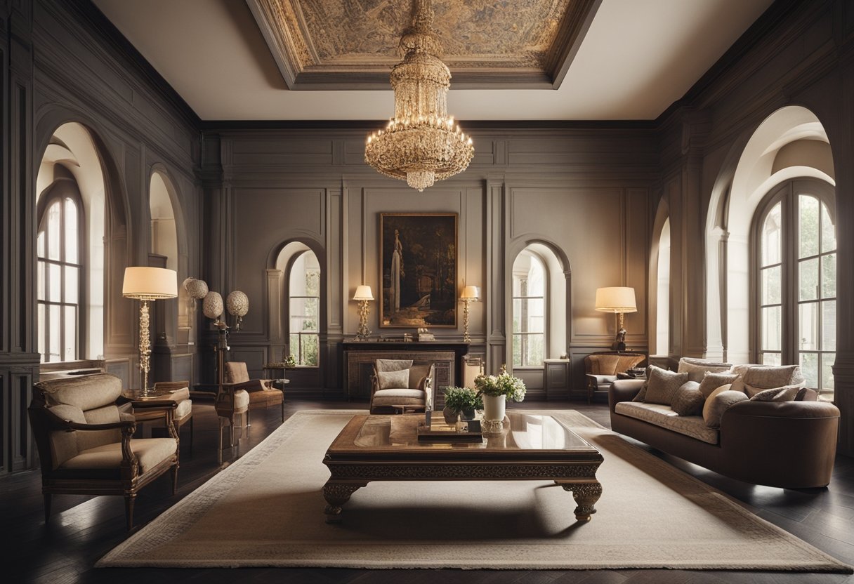A series of rooms show the progression of interior design through history, from ancient to modern styles, with changing furniture, decor, and architecture