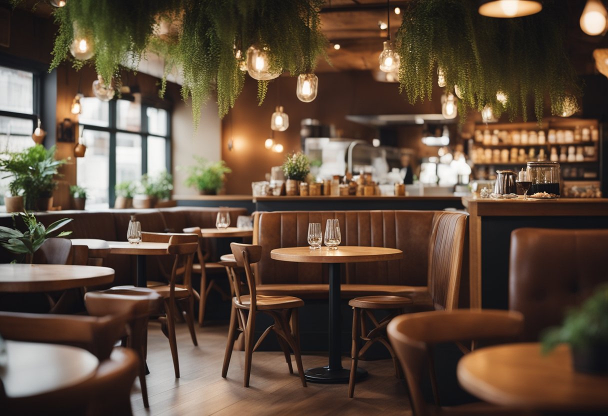 A cozy cafe with warm lighting, rustic wooden furniture, and hanging plants. Soft jazz music fills the air, complementing the aroma of freshly brewed coffee