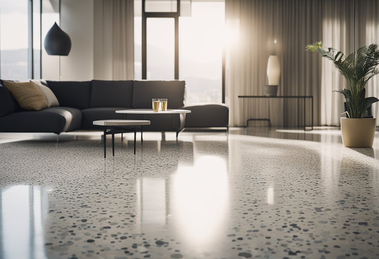 A modern terrazzo floor stretches across a spacious, sunlit room, blending seamlessly with sleek, minimalist furniture and contemporary fixtures