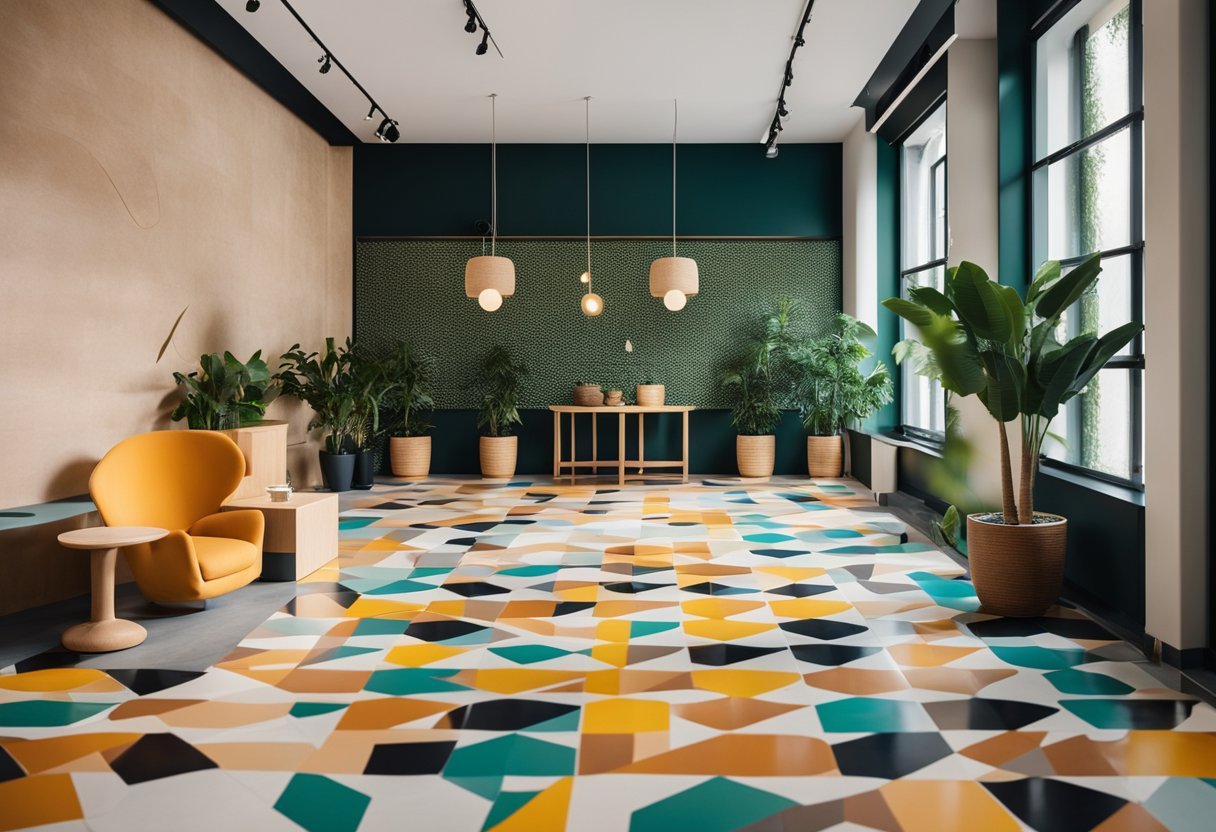 A modern terrazzo floor with geometric patterns and vibrant colors, surrounded by sleek furniture and potted plants, creating a trendy and inviting interior space