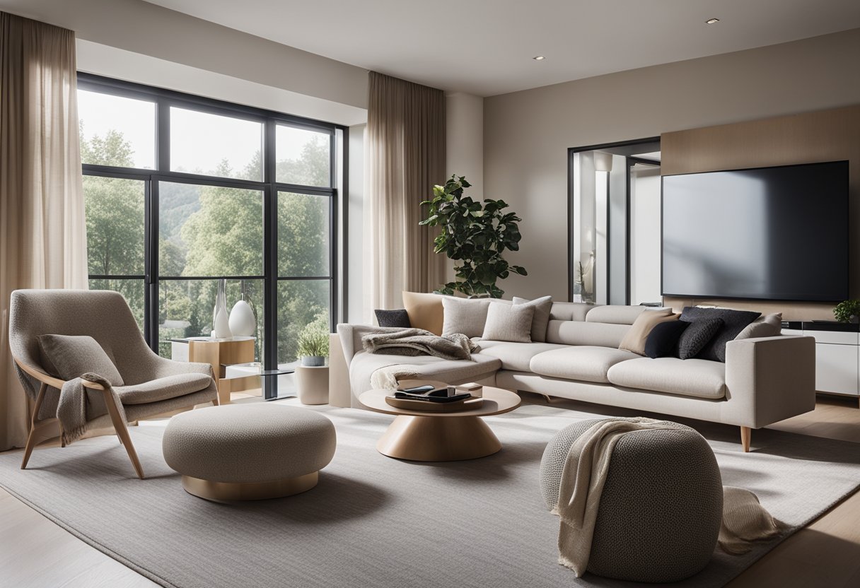 A modern living room with clean lines, neutral colors, and minimalistic furniture. A large window brings in natural light, creating a sense of openness and tranquility