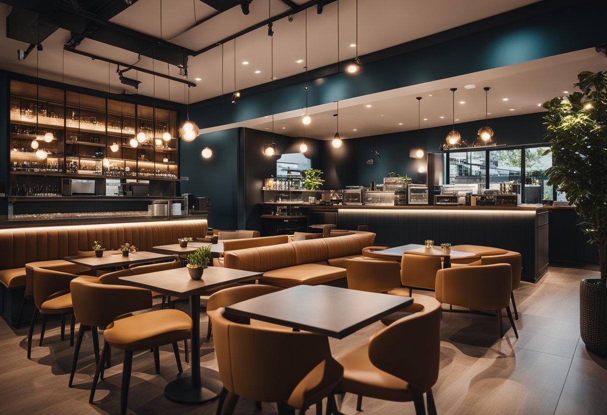 A modern cafe with sleek furniture, warm lighting, and a minimalist color scheme. The space is divided into cozy seating areas and a central bar