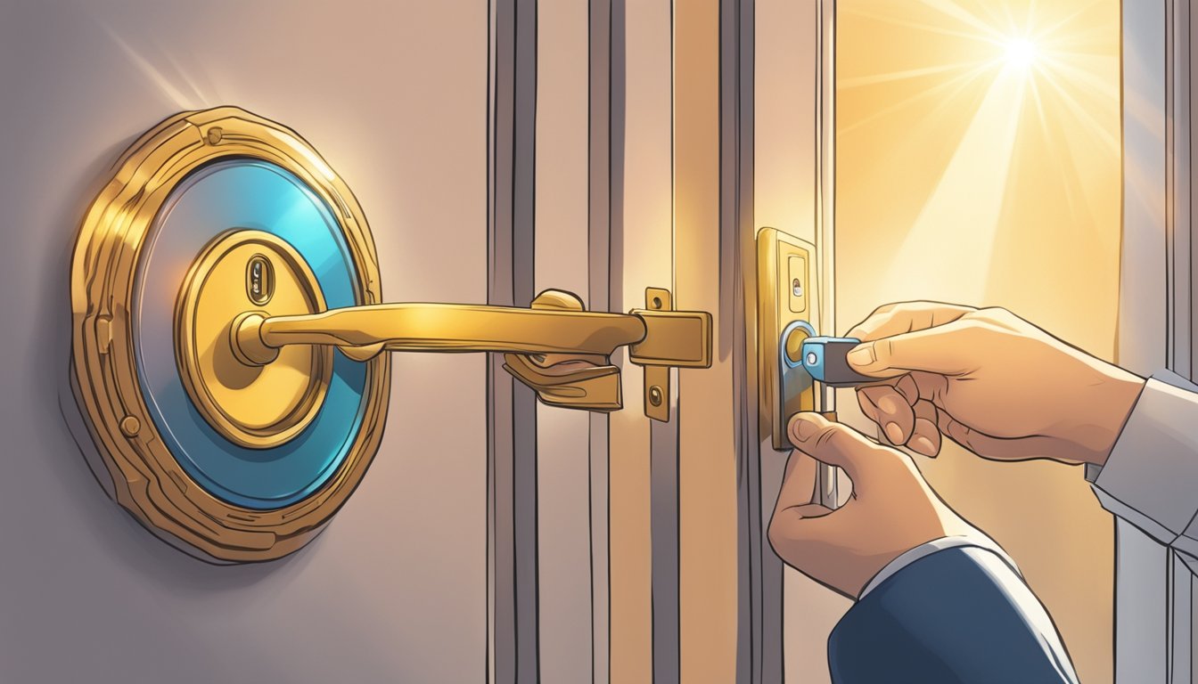 A hand reaches for a key, unlocking a door labeled "Potential of Personal Loans in Singapore" while a beam of light shines through the keyhole