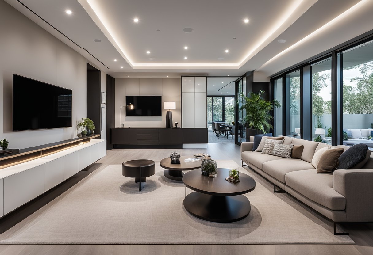 A sleek, minimalist living room with clean lines, neutral colors, and pops of bold accents. A statement lighting fixture hangs above a contemporary furniture arrangement