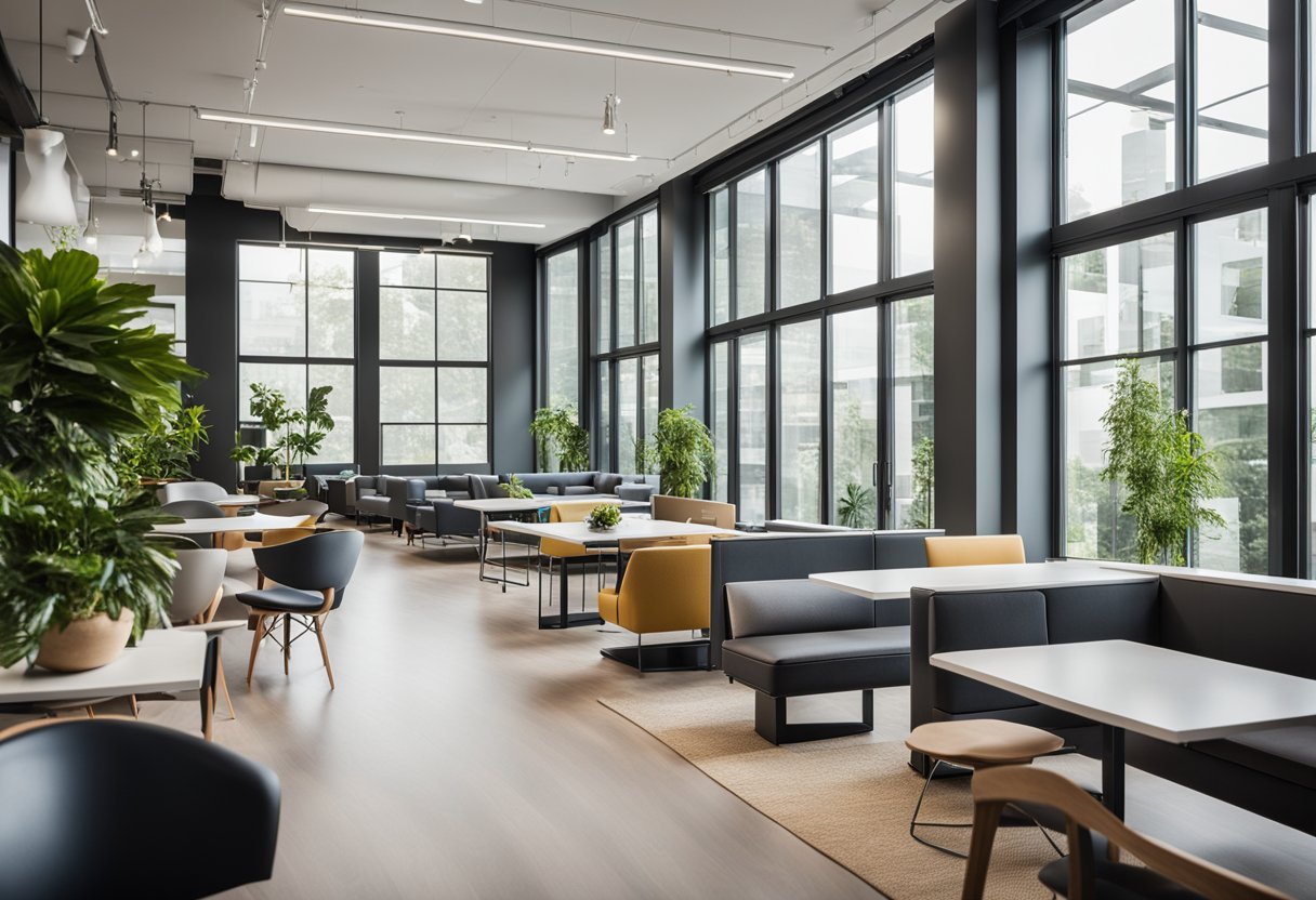 A modern, open-concept commercial space with sleek furniture, clean lines, and pops of color. Large windows let in natural light, and greenery accents add a touch of nature
