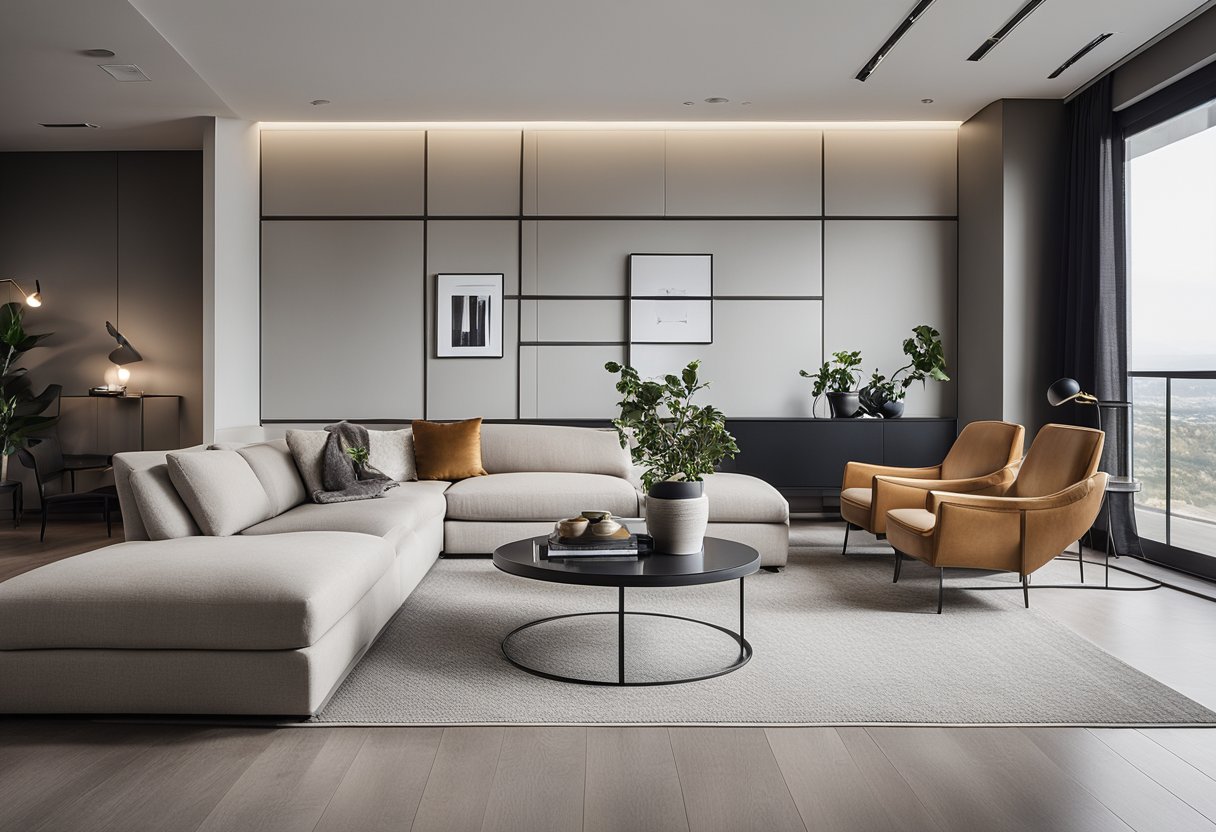A sleek, minimalist living room with clean lines, neutral colors, and a pop of bold accent. Modern furniture and lighting fixtures create a sophisticated, uncluttered space