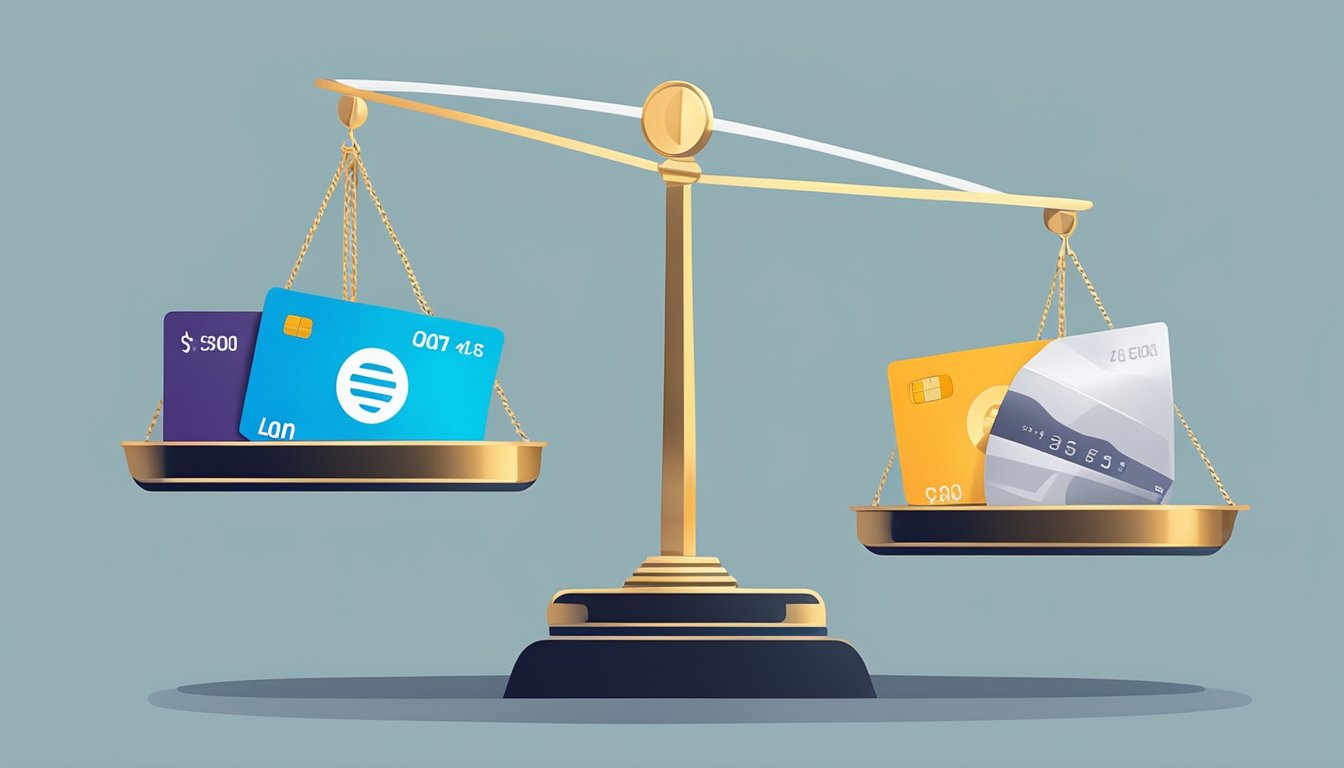 A scale with credit card on one side and a personal loan on the other, symbolizing the choice between balance transfer and personal loan