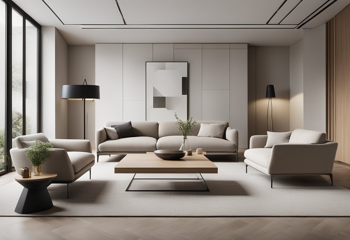 A sleek, minimalist living room with clean lines, neutral colors, and geometric shapes. A mix of natural materials and modern furniture creates a harmonious, contemporary space