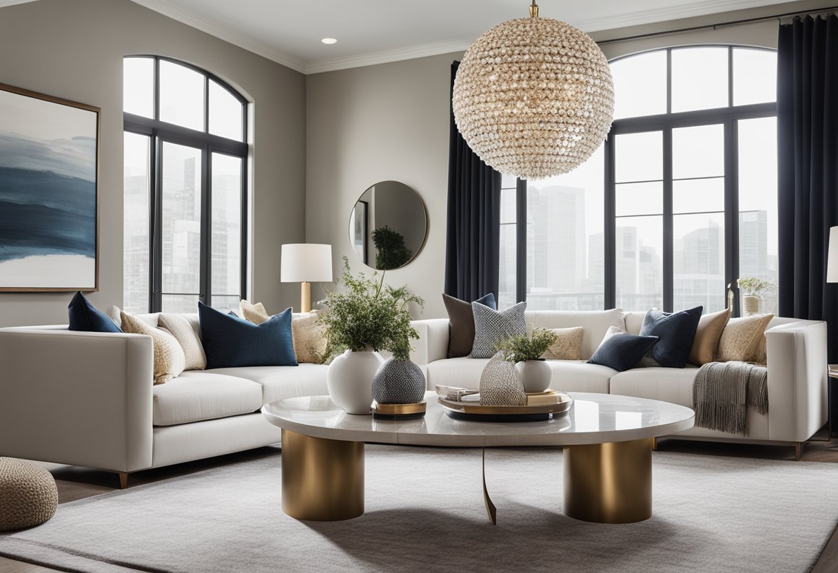 The elegant living room features a plush sofa, modern coffee table, and a statement chandelier. A large window lets in natural light, showcasing the sleek design elements