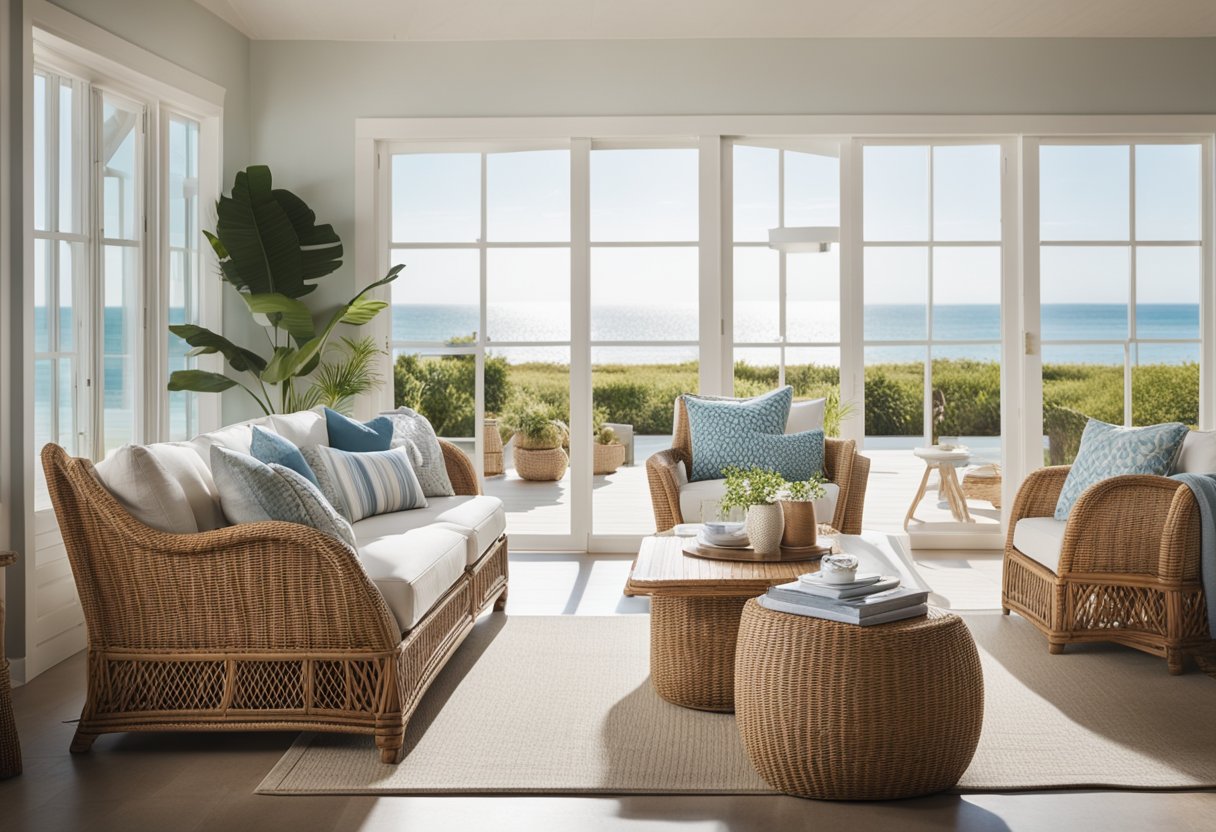 A cozy beach house interior with light, airy colors, rattan furniture, and nautical accents. Large windows let in natural light, and a sea breeze fills the space